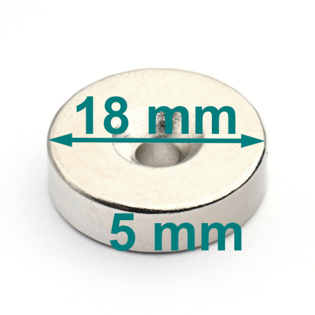 Magnes — średnica ⌀18 mm, otwór ⌀7,2/⌀3,6 mm, wysokość 5 mm — neodymowy (N42)