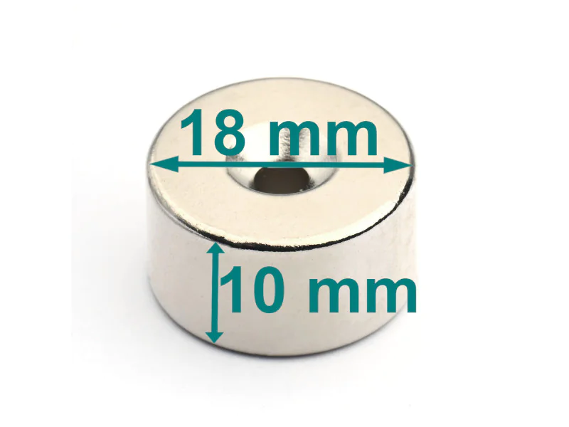 Magnes okrągły, pod wkręt — ⌀18 mm, ⌀7,2/⌀3,6 mm, wys. 10 mm — neodymowy (N42) Magnes okrągły, pod wkręt — ⌀18 mm, ⌀7,2/⌀3,6 mm, wys. 10 mm — neodymowy (N42)
