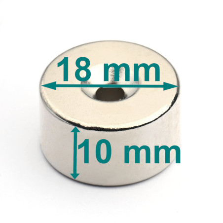 Magnes — średnica ⌀18 mm, otwór ⌀7,2/⌀3,6 mm, wysokość 10 mm — neodymowy (N42)