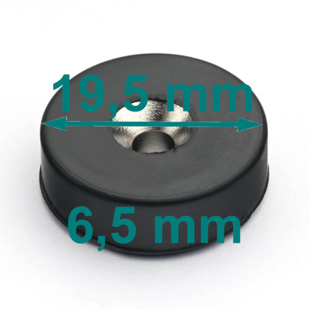 Magnes w gumie — średnica ⌀19,5 mm, otwór ⌀7,2/⌀3,6 mm, wysokość 6,5 mm — neodymowy (N42)