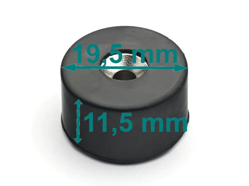 Magnes w gumie, okrągły, pod wkręt — ⌀19,5 mm, ⌀7,2/⌀3,6 mm, wys. 11,5 mm — neodymowy Magnes w gumie, okrągły, pod wkręt — ⌀19,5 mm, ⌀7,2/⌀3,6 mm, wys. 11,5 mm — neodymowy