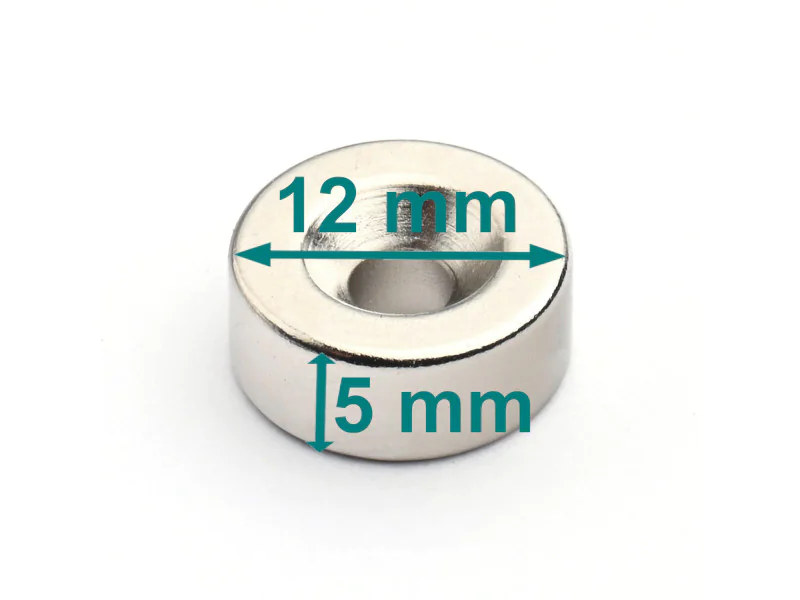 Magnes okrągły, pod wkręt — ⌀12 mm, ⌀7,2/⌀3,6 mm, 5 mm — neodymowy (N38) Magnes okrągły, pod wkręt — ⌀12 mm, ⌀7,2/⌀3,6 mm, 5 mm — neodymowy (N38)