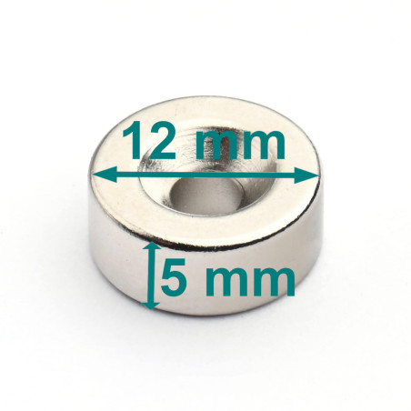 Magnes — średnica ⌀12 mm, otwór ⌀7,2/⌀3,6 mm, wysokość 5 mm — neodymowy (N38)