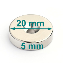 Magnes okrągły z otworem pod wkręt — ⌀20 mm, wys. 5 mm — neodymowy (N42)