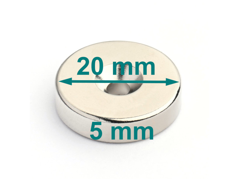 Magnes okrągły z otworem pod wkręt — ⌀20 mm, wys. 5 mm — neodymowy (N42)