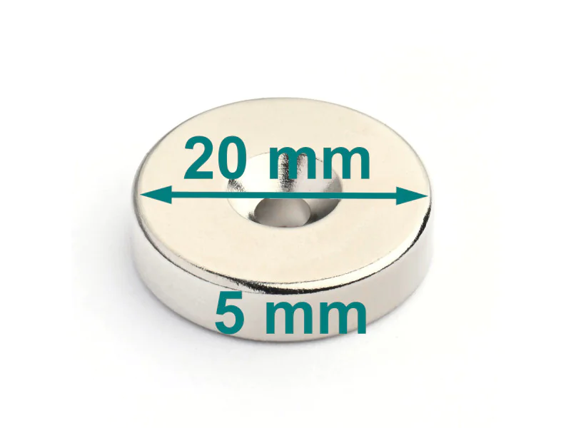 Magnes okrągły z otworem pod wkręt — ⌀20 mm, wys. 5 mm — neodymowy (N42) Magnes okrągły z otworem pod wkręt — ⌀20 mm, wys. 5 mm — neodymowy (N42)