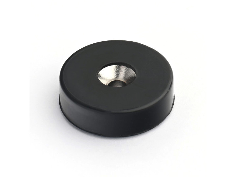 Magnes w gumie, okrągły, z otworem pod wkręt — ⌀21,5 mm, ⌀7,2/⌀3,6 mm, wys. 6,5 mm — neodymowy (N42)