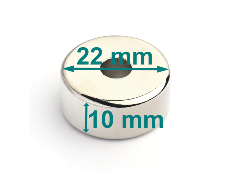 Magnes — średnica ⌀22 mm, otwór ⌀6 mm, grubość 10 mm — neodymowy (N38)