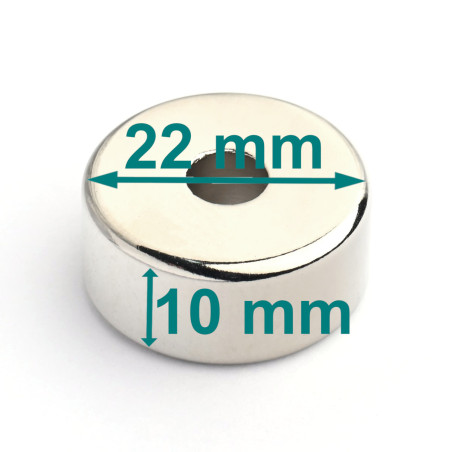 Magnes — średnica ⌀22 mm, otwór ⌀6 mm, grubość 10 mm — neodymowy (N38)