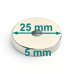 Magnes neodymowy — średnica ⌀25 mm, otwór ⌀5 mm, grubość 5 mm — materiał N38