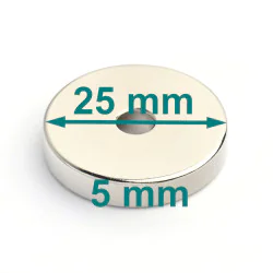Magnes neodymowy — średnica ⌀25 mm, otwór ⌀5 mm, grubość 5 mm — materiał N38