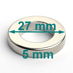 Magnes neodymowy — średnica ⌀27 mm, otwór ⌀16 mm, grubość 5 mm — pierścieniowy (N38)