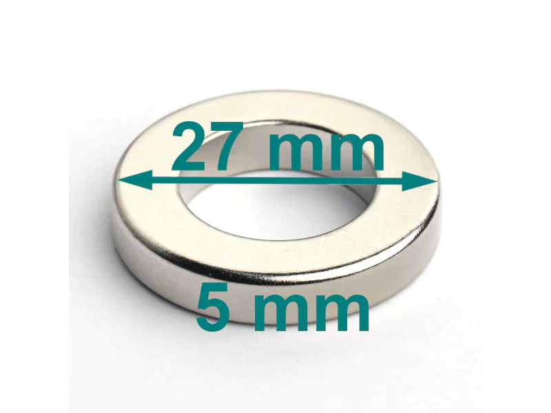 Magnes — średnica ⌀27 mm, otwór ⌀16 mm, grubość 5 mm — neodymowy (N38) Magnes — średnica ⌀27 mm, otwór ⌀16 mm, grubość 5 mm — neodymowy (N38)