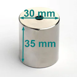 Magnes neodymowy — średnica ⌀30 mm, otwór ⌀6 mm, wysokość 35 mm — (N38)