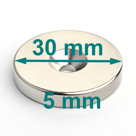 Magnes — średnica ⌀30 mm, otwór ⌀10,5/⌀4,3 mm, wysokość 5 mm — neodymowy (N42)