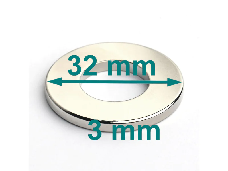 Magnes neodymowy — średnica ⌀32 mm, otwór ⌀16 mm, grubość 3 mm — (N38) Magnes neodymowy — średnica ⌀32 mm, otwór ⌀16 mm, grubość 3 mm — (N38)