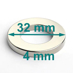 Magnes neodymowy — średnica ⌀32 mm, otwór ⌀18 mm, grubość 4 mm — (N38)