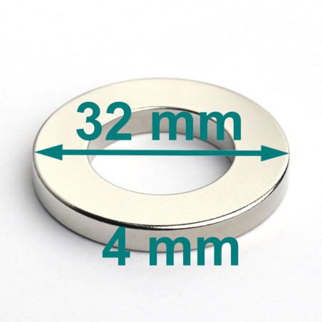 Magnes — średnica ⌀32 mm, otwór ⌀18 mm, grubość 4 mm — neodymowy (N38)