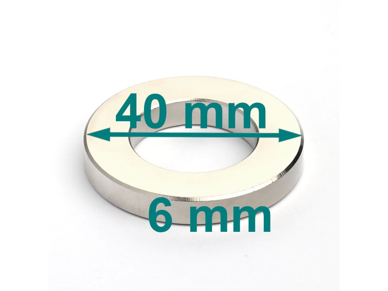 Magnes neodymowy — średnica ⌀40 mm, otwór ⌀23 mm, grubość 6 mm — (N38)