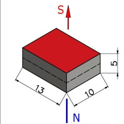 Magnes neodymowy — długość 13 mm, szerokość 10 mm, wysokość 5 mm — materiał N35