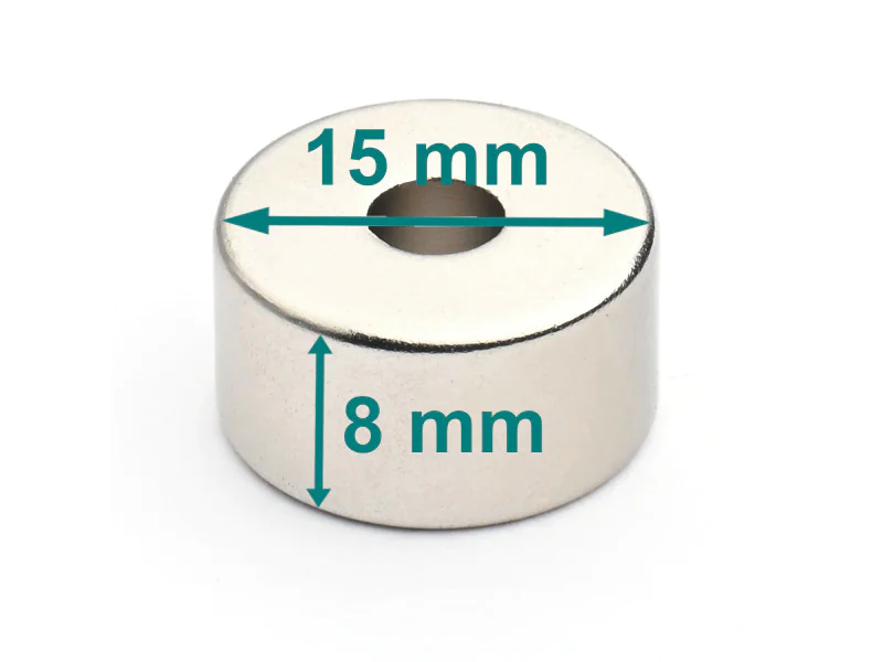 Magnes neodymowy — średnica ⌀15 mm, otwór ⌀4,55 mm, grubość 8 mm — N38 Magnes neodymowy — średnica ⌀15 mm, otwór ⌀4,55 mm, grubość 8 mm — N38