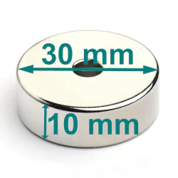 Magnes neodymowy — średnica ⌀30 mm, otwór ⌀6 mm, grubość 10 mm — N38