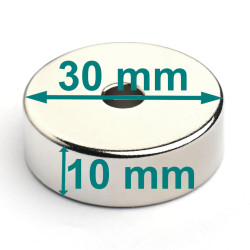 Magnes neodymowy — średnica ⌀30 mm, otwór ⌀6 mm, grubość 10 mm — N38