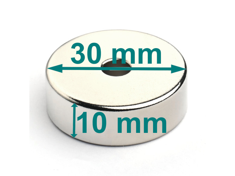 Magnes neodymowy — średnica ⌀30 mm, otwór ⌀6 mm, grubość 10 mm — N38