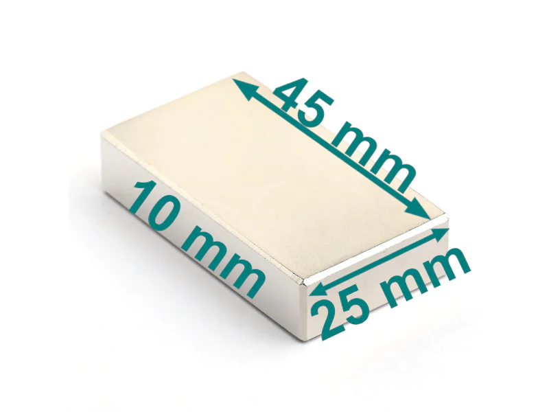 Magnes — długość 45 mm, szerokość 25 mm, wysokość 10 mm — neodymowy (N35) Magnes — długość 45 mm, szerokość 25 mm, wysokość 10 mm — neodymowy (N35)