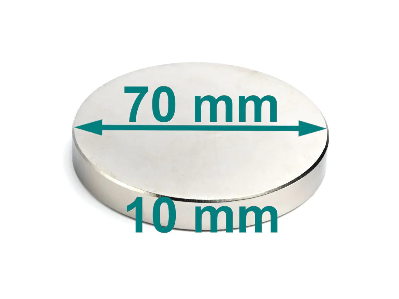 Bardzo mocny magnes — ⌀70 mm, grubość 10 mm — neodymowy (N35) Bardzo mocny magnes — ⌀70 mm, grubość 10 mm — neodymowy (N35)