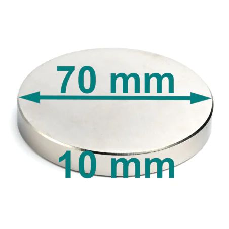 Bardzo mocny magnes — ⌀70 mm, grubość 10 mm — neodymowy (N35)