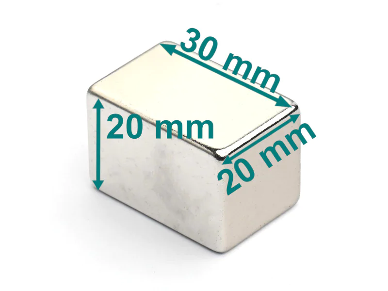 Magnes — długość 30 mm, szerokość 20 mm, wysokość 20 mm — neodymowy (N35H) Magnes — długość 30 mm, szerokość 20 mm, wysokość 20 mm — neodymowy (N35H)
