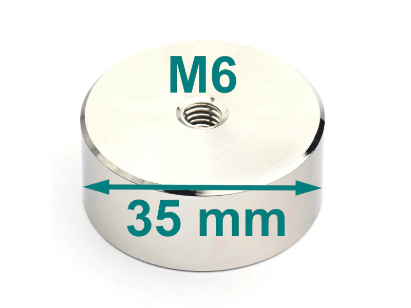 Magnes neodymowy w obudowie z gwintem wewn. M6, średnica 35 mm, wys. 15 mm Magnes neodymowy w obudowie z gwintem wewn. M6, średnica 35 mm, wys. 15 mm