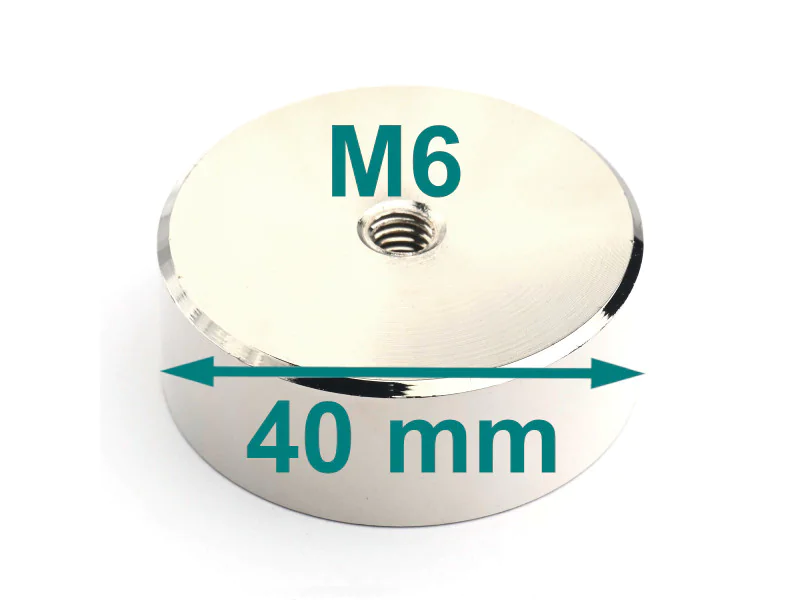 Magnes w obudowie, z gwintem wewn. M6, średnica 40 mm, wys. 15 mm, neodymowy Magnes w obudowie, z gwintem wewn. M6, średnica 40 mm, wys. 15 mm, neodymowy