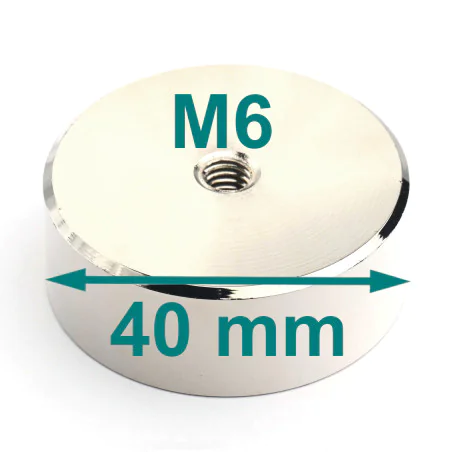 Magnes w obudowie, z gwintem wewn. M6, średnica 40 mm, wys. 15 mm, neodymowy