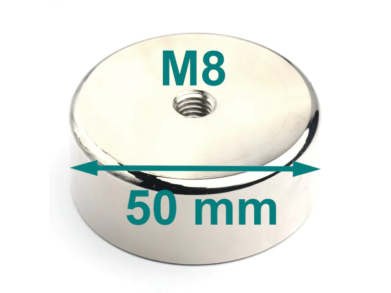 Magnes w obudowie z gwintem M8, średnica 50 mm, wys. 20 mm, neodymowy Magnes w obudowie z gwintem M8, średnica 50 mm, wys. 20 mm, neodymowy