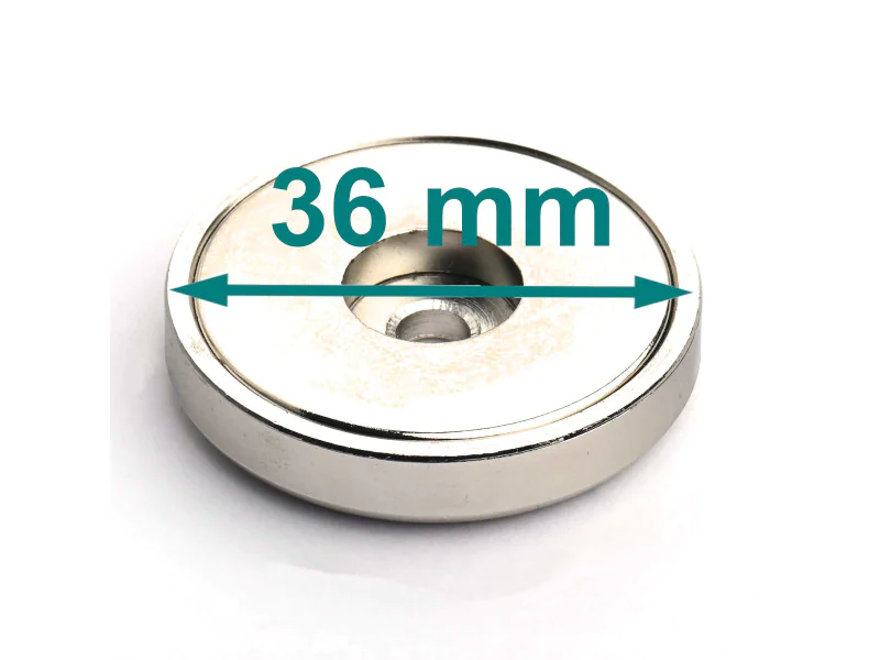 Magnes w obudowie — średnica ⌀36 mm, z otworem pod płaski łeb śruby — neodymowy