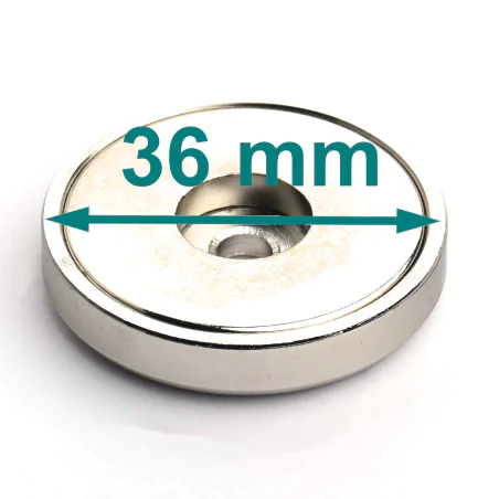 Magnes w obudowie — średnica ⌀36 mm, z otworem pod płaski łeb śruby — neodymowy