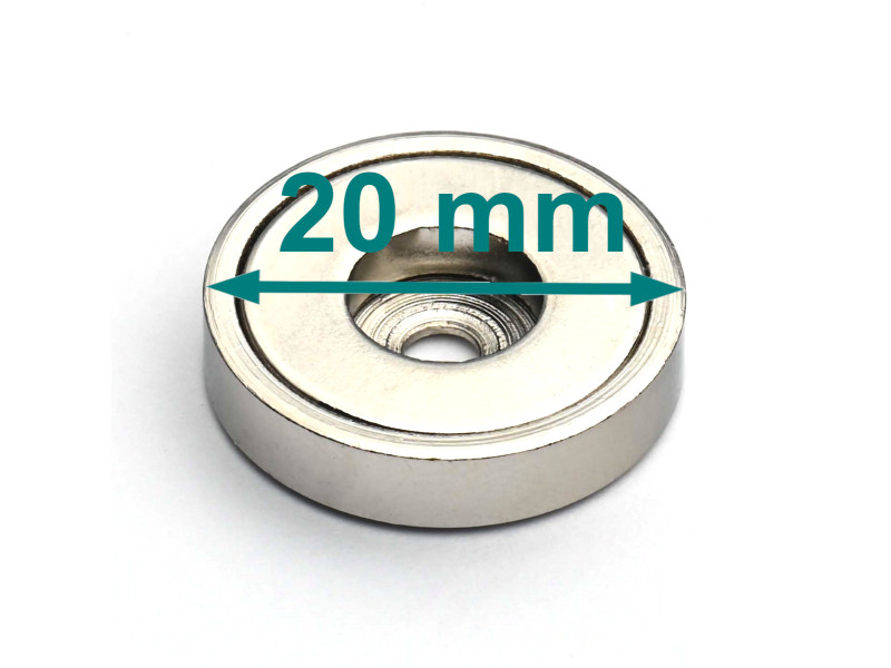 Magnes w obudowie — średnica ⌀20 mm, z otworem pod płaski łeb śruby — neodymowy