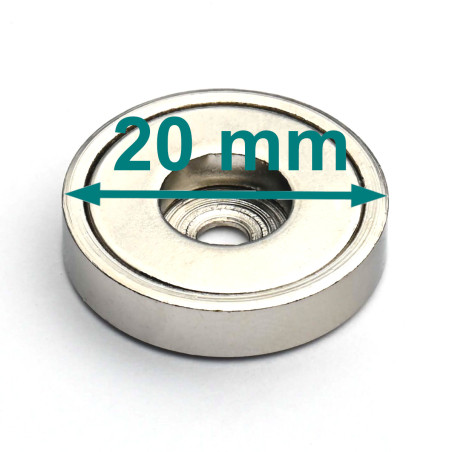 Magnes w obudowie — średnica ⌀20 mm, z otworem pod płaski łeb śruby — neodymowy