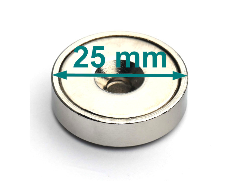 Magnes w obudowie — średnica ⌀25 mm, z otworem pod stożkowy łeb śruby — neodymowy