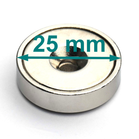 Magnes w obudowie — średnica ⌀25 mm, z otworem pod stożkowy łeb śruby — neodymowy