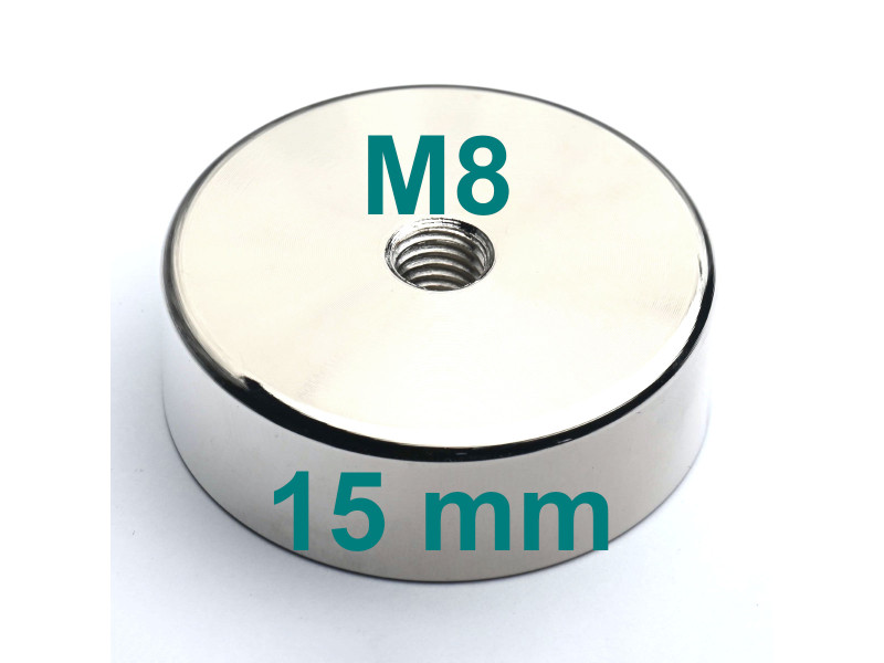 Magnes neodymowy z gwintem M8, obudowany, średnica 45 mm, wys. 15 mm Magnes neodymowy z gwintem M8, obudowany, średnica 45 mm, wys. 15 mm