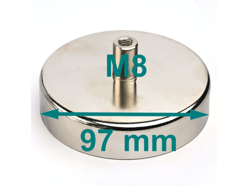 Magnes w obudowie — średnica ⌀97 mm, z gwintowaną tuleją M8 — ferrytowy Magnes w obudowie — średnica ⌀97 mm, z gwintowaną tuleją M8 — ferrytowy