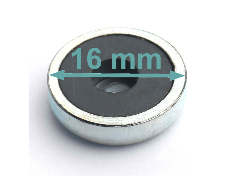 Magnes w obudowie — średnica ⌀16 mm, z otworem pod płaski łeb śruby — ferrytowy