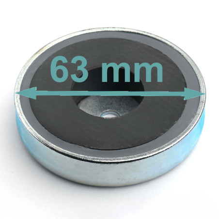 Magnes w obudowie — średnica ⌀63 mm, z otworem pod płaski łeb śruby — ferrytowy
