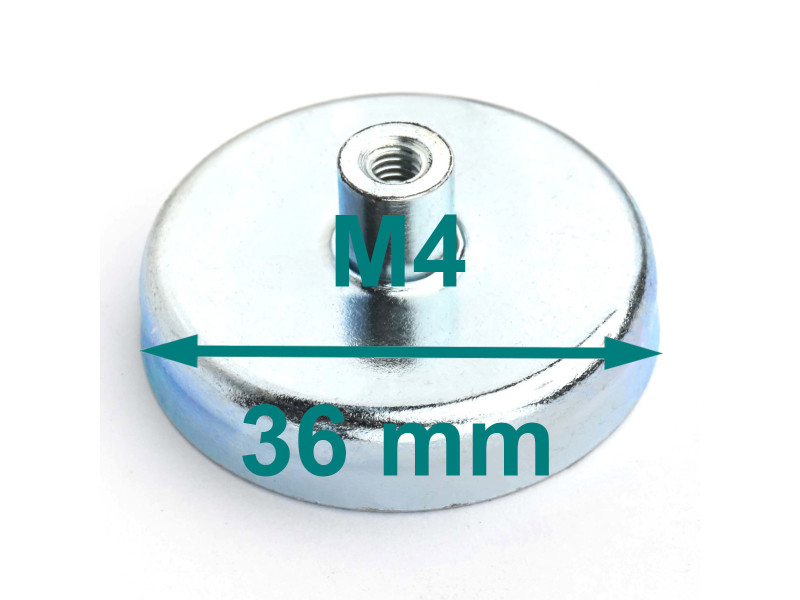Magnes w obudowie — średnica ⌀36 mm, z gwintowaną tuleją M4 — ferrytowy Magnes w obudowie — średnica ⌀36 mm, z gwintowaną tuleją M4 — ferrytowy
