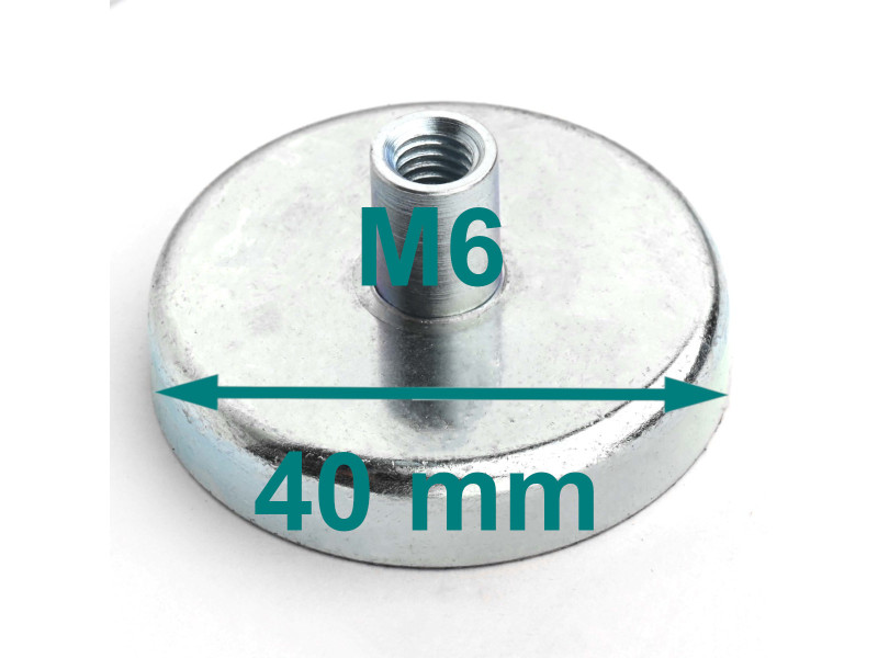 Magnes w obudowie — średnica ⌀40 mm, z gwintowaną tuleją M6, wys. 19,5 mm — ferrytowy Magnes w obudowie — średnica ⌀40 mm, z gwintowaną tuleją M6, wys. 19,5 mm — ferrytowy