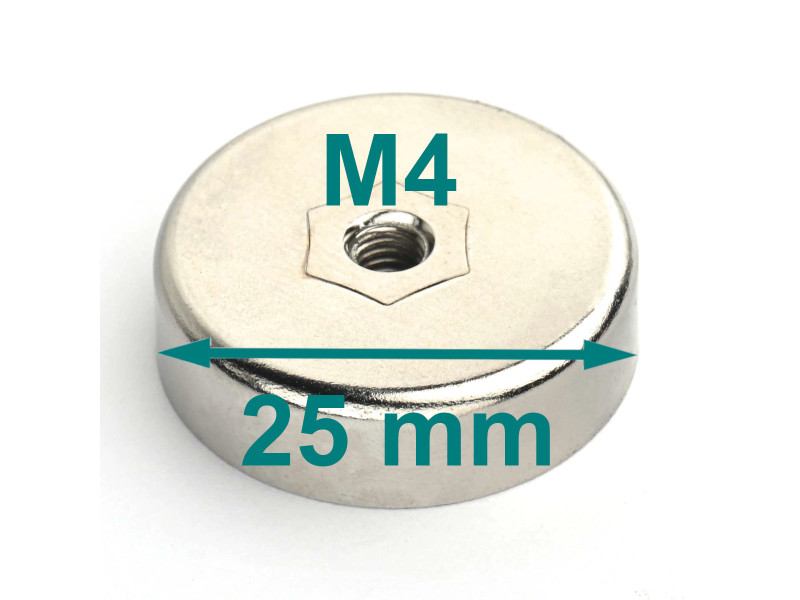 Magnes w obudowie — średnica ⌀25 mm, wys. 7 mm, gwint wewnętrzny M4 — ferrytowy Magnes w obudowie — średnica ⌀25 mm, wys. 7 mm, gwint wewnętrzny M4 — ferrytowy