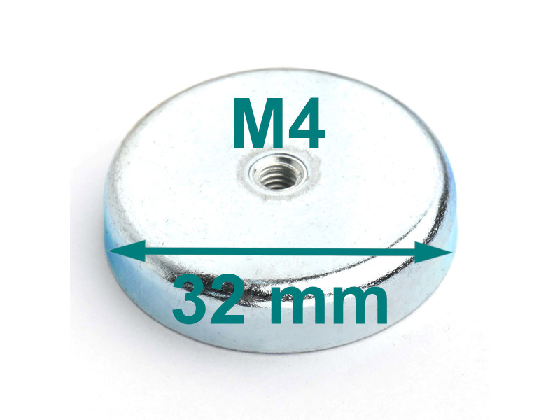 Magnes w obudowie — średnica ⌀32 mm, wys. 7 mm, gwint wewnętrzny M4 — ferrytowy Magnes w obudowie — średnica ⌀32 mm, wys. 7 mm, gwint wewnętrzny M4 — ferrytowy